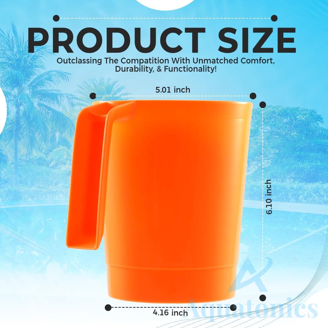 Aquatonics pool chemical measuring cup in durable plastic resists cracking during maintenance.