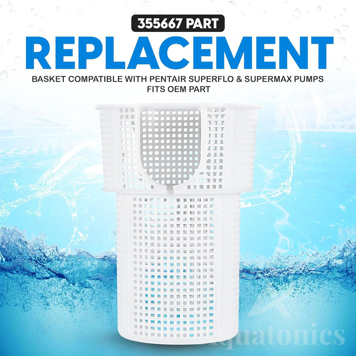 Aquatonics 355667 pump basket with lid open facilitates easy replacement.