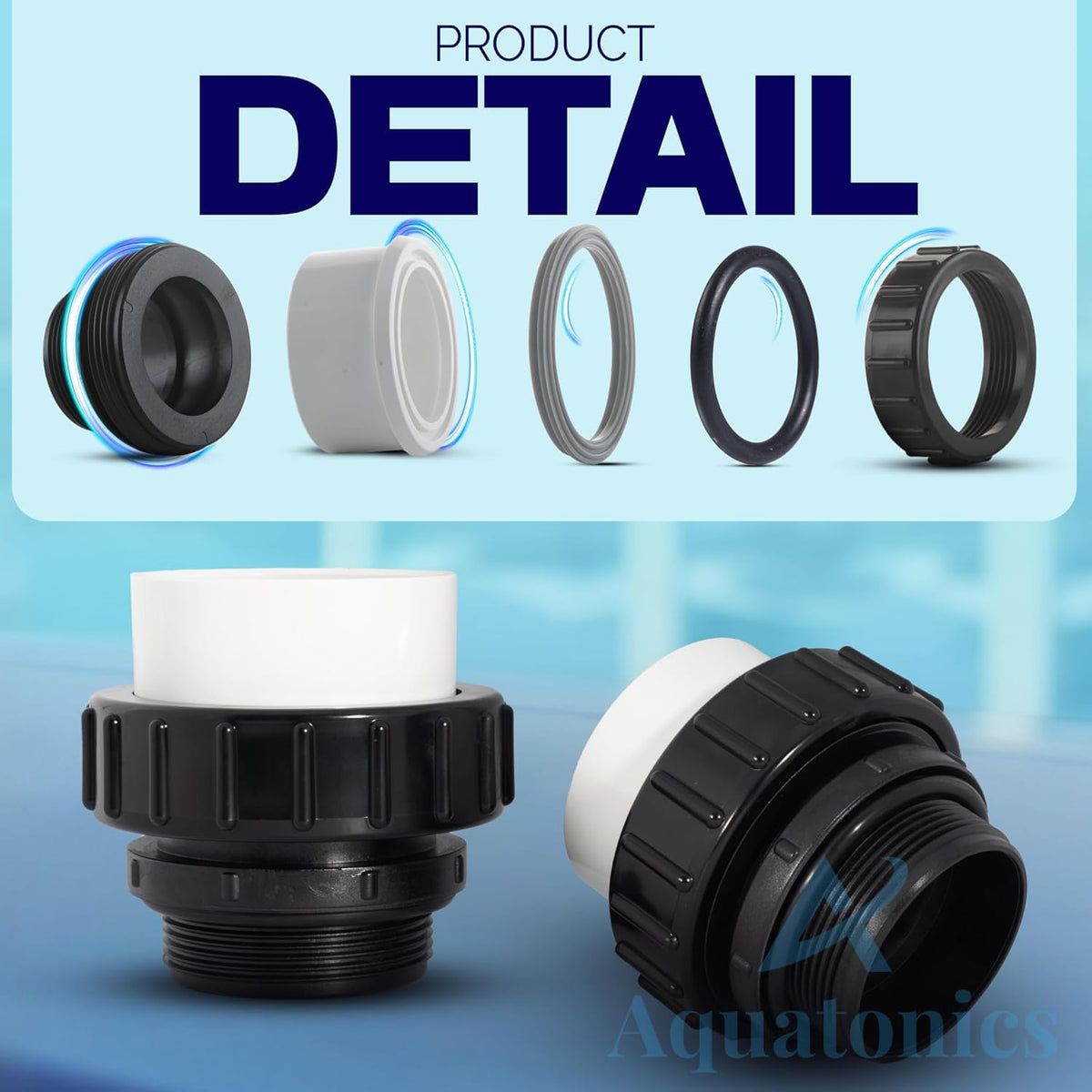 Aquatonics slip socket end designed for 2-inch PVC pipes.