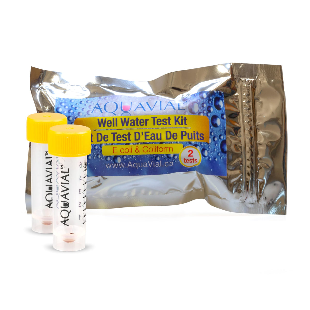 AquaVial water testing kit: sample poured into tubes for fast results.