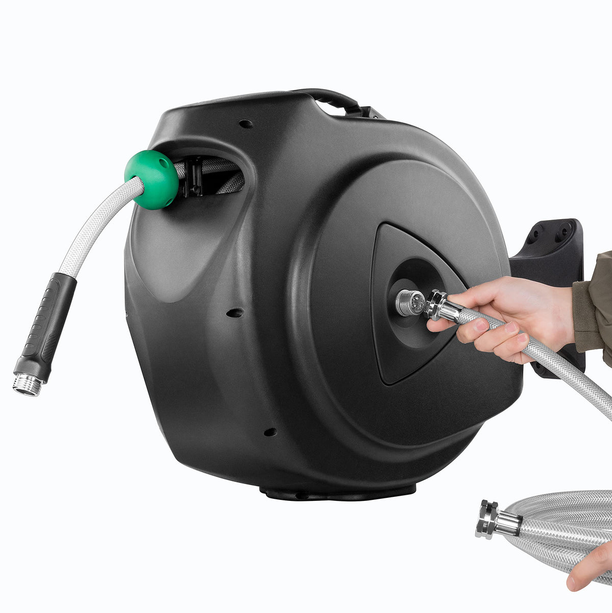 AQUAZILLA auto-rewind keeps hoses neatly stored after use.