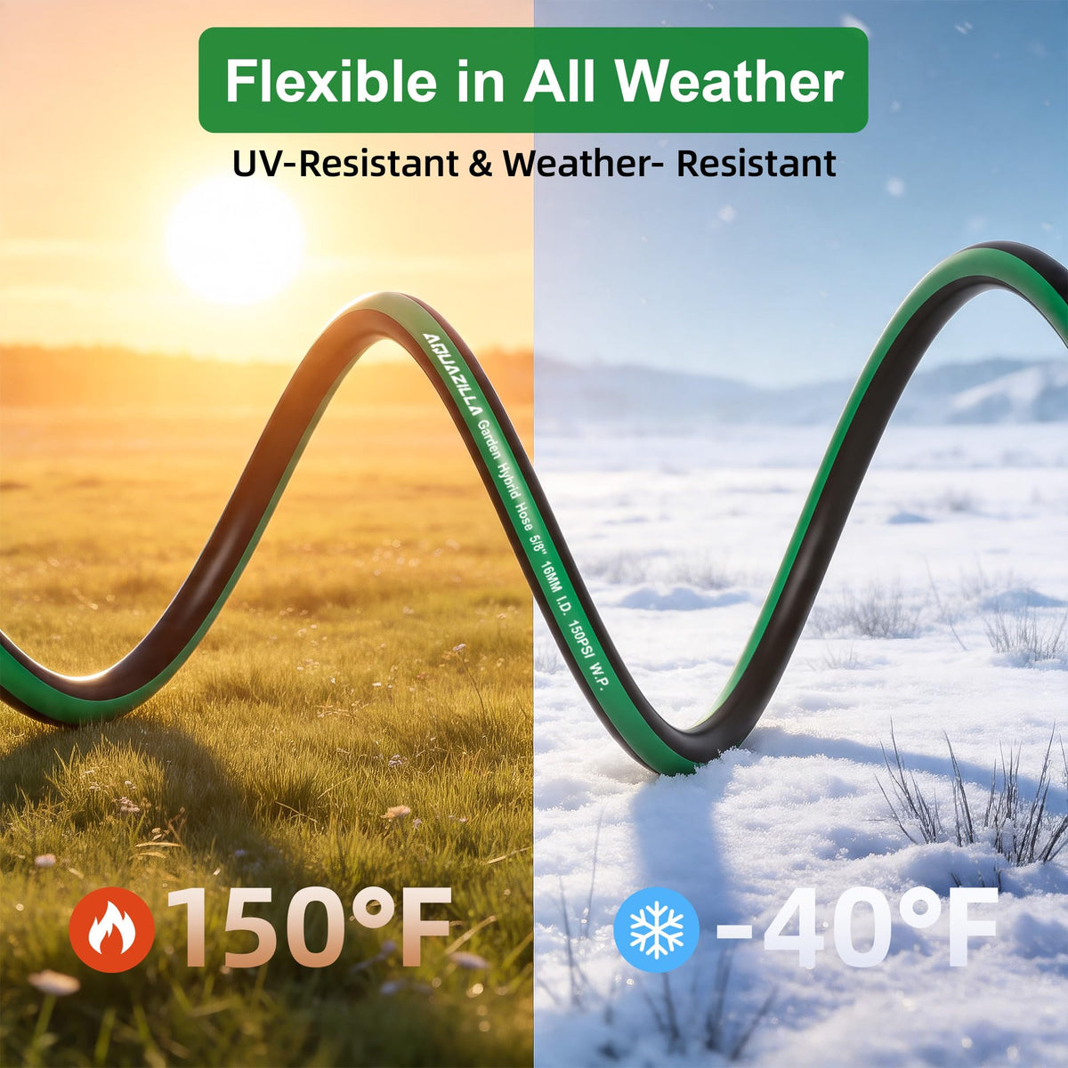 AQUAZILLA lightweight hose shown for easy carrying, coiling, and storage after gardening