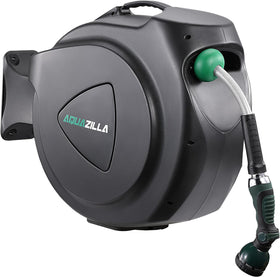 AQUAZILLA retractable hose reel 100ft wall mount keeps hoses tidy for quick watering tasks.