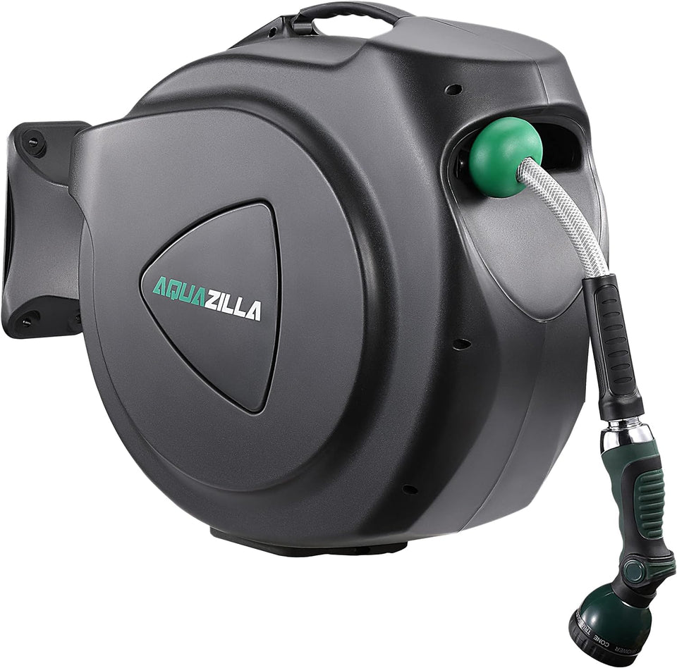 AQUAZILLA retractable hose reel 100ft wall mount keeps hoses tidy for quick watering tasks.
