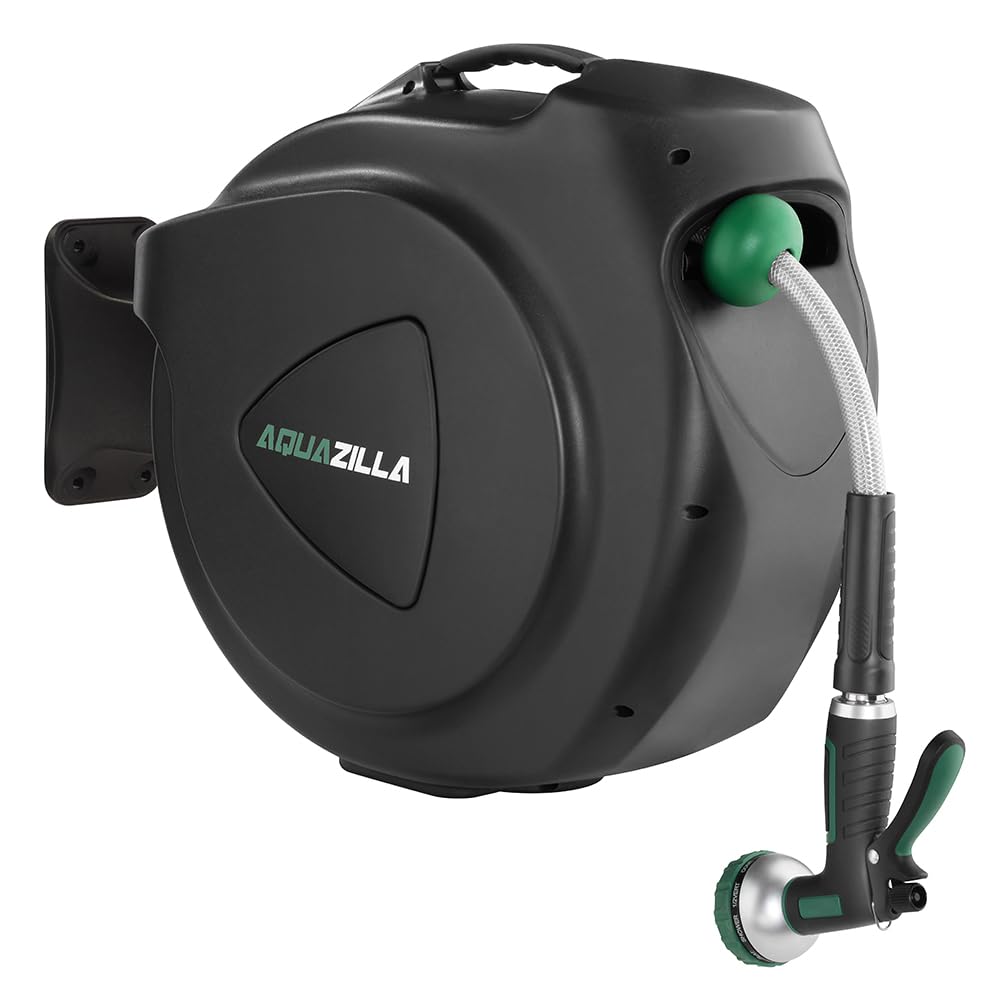 AQUAZILLA retractable hose reel 120ft wall mount for tidy gardens and easy watering.