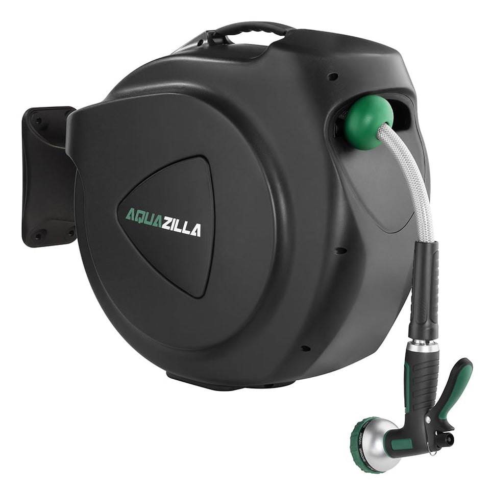 AQUAZILLA retractable hose reel 120ft wall mount for tidy gardens and easy watering.