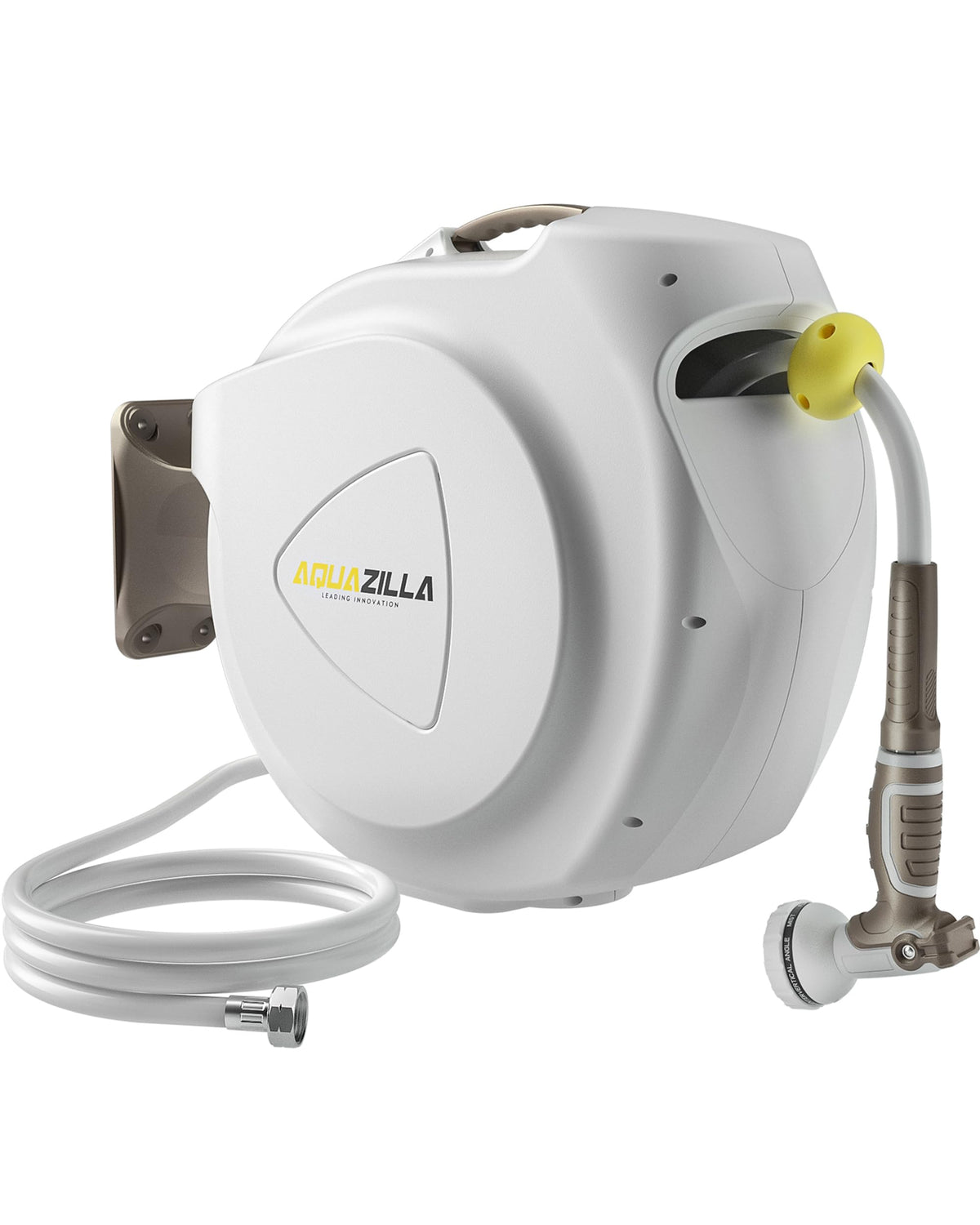 AQUAZILLA retractable hose reel on wall mount enables convenient watering from a central spot.
