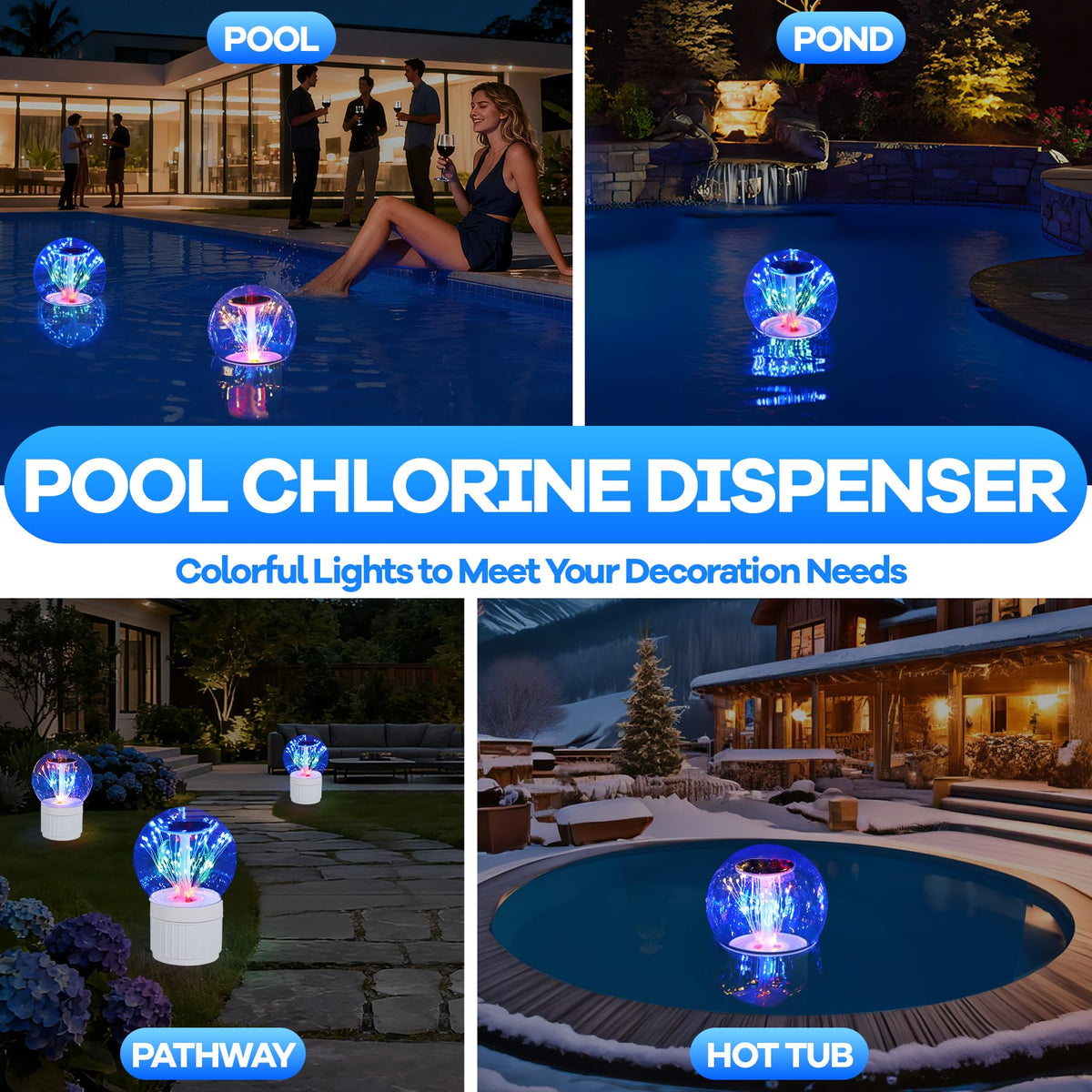 AquClor floating dispenser lights pool while dispensing chlorine