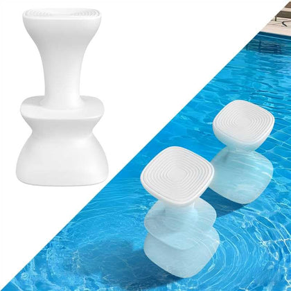 Aquenelle pool stool shows leveling feet for stable seating on uneven pool surfaces.