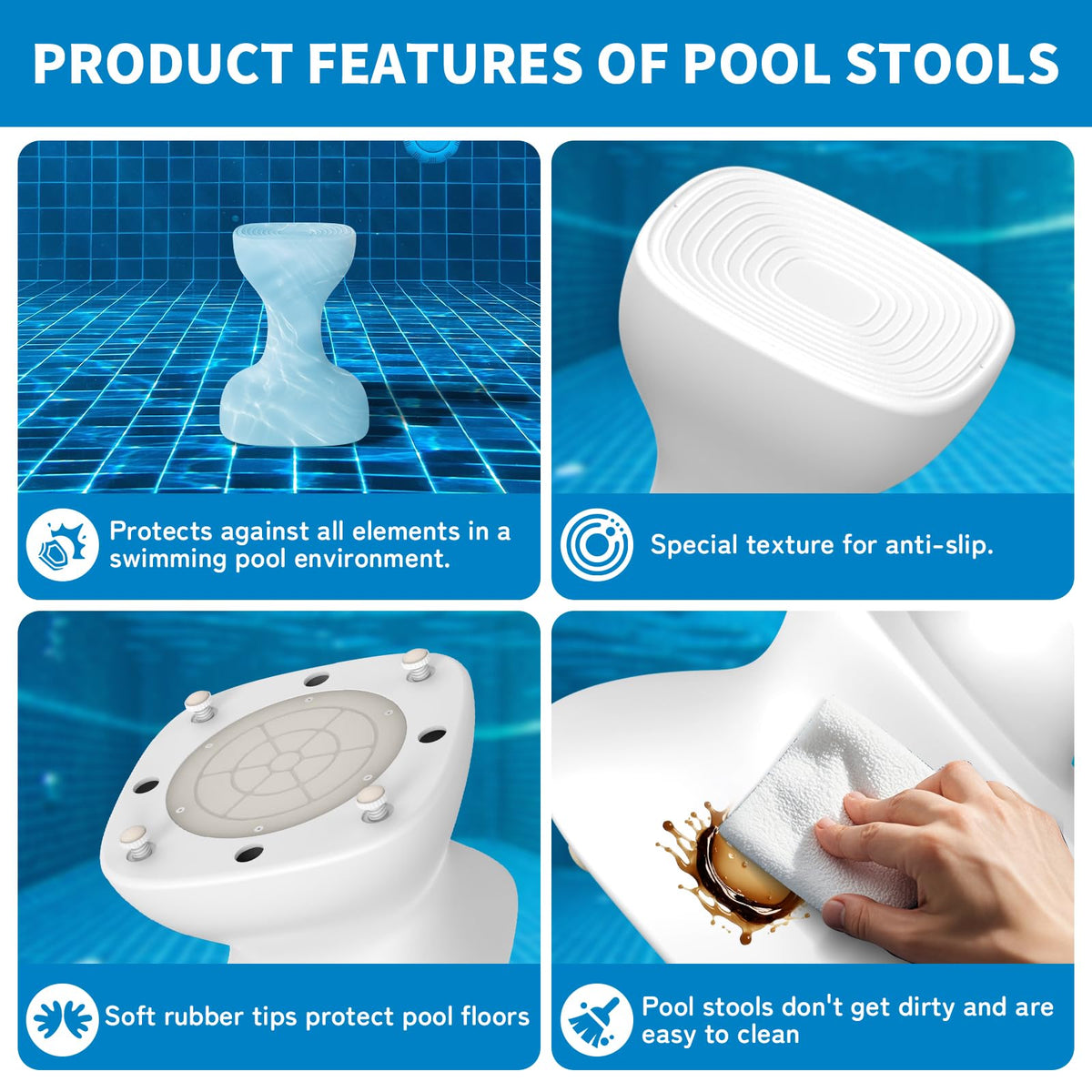 Aquenelle pool stool crafted from durable waterproof materials for all weather use.