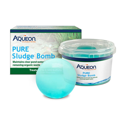 Aqueon PURE Sludge Bomb bottle front showing easy pond care for clearer water.