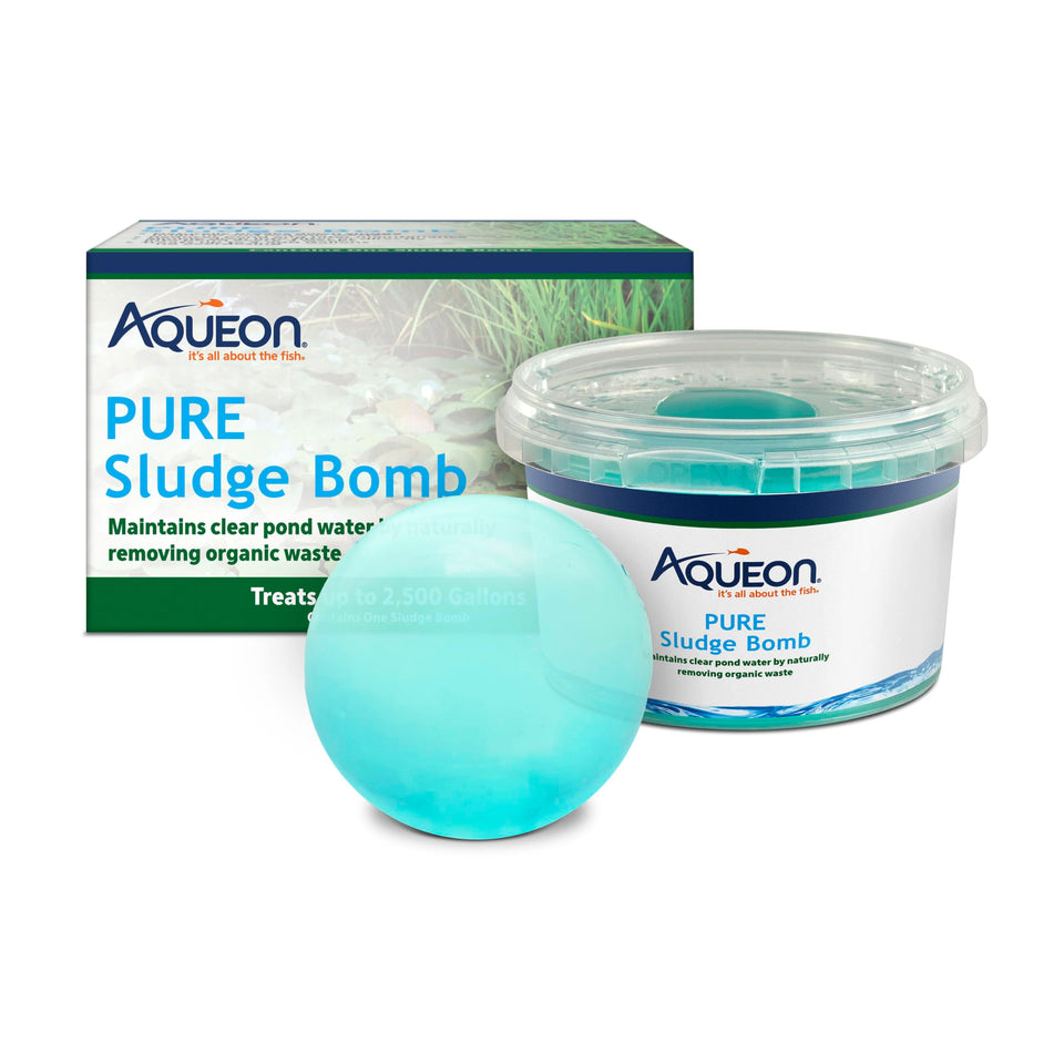 Aqueon PURE Sludge Bomb bottle front showing easy pond care for clearer water.