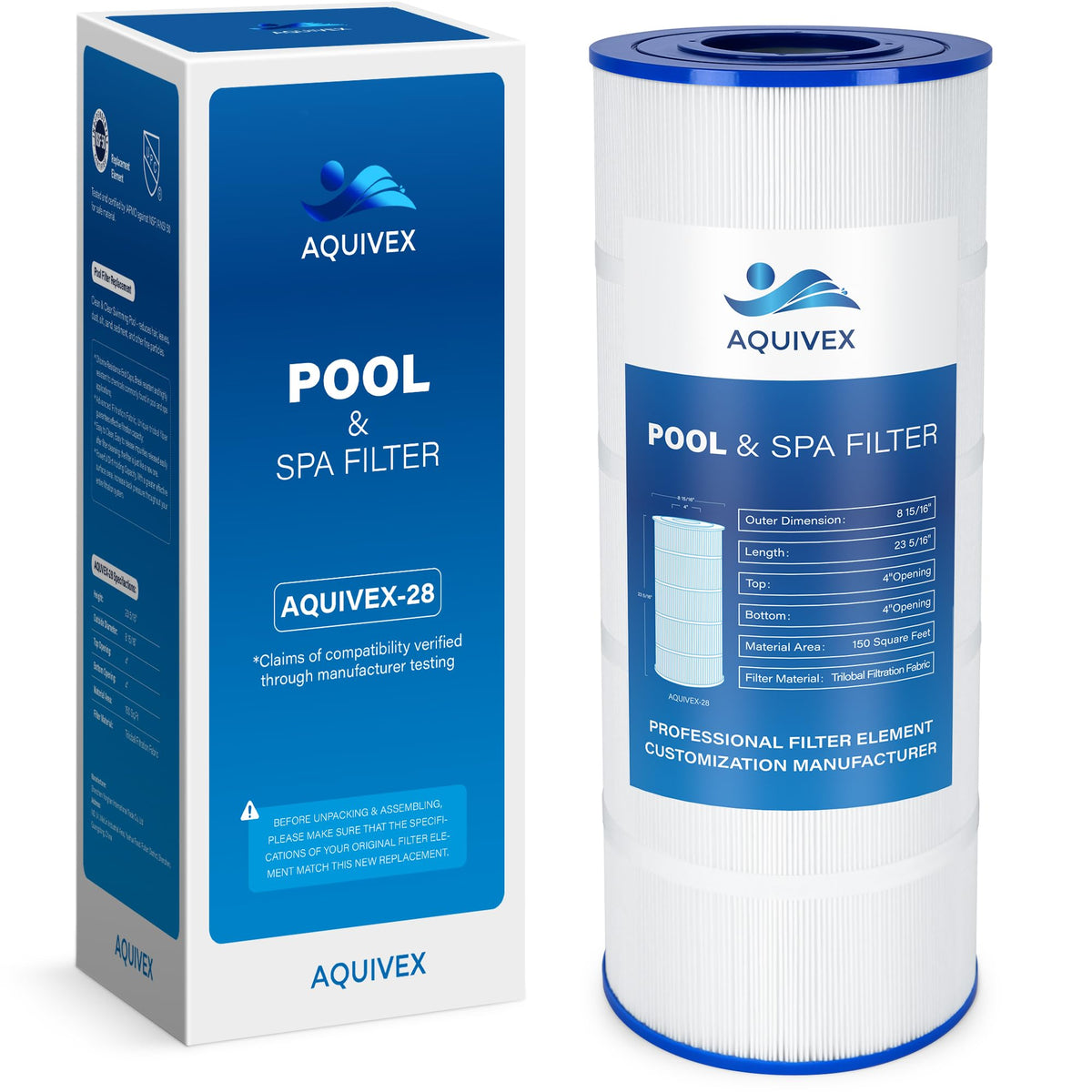 AQUIVEX CS150 filter cartridge top view highlighting durable pool filtration component