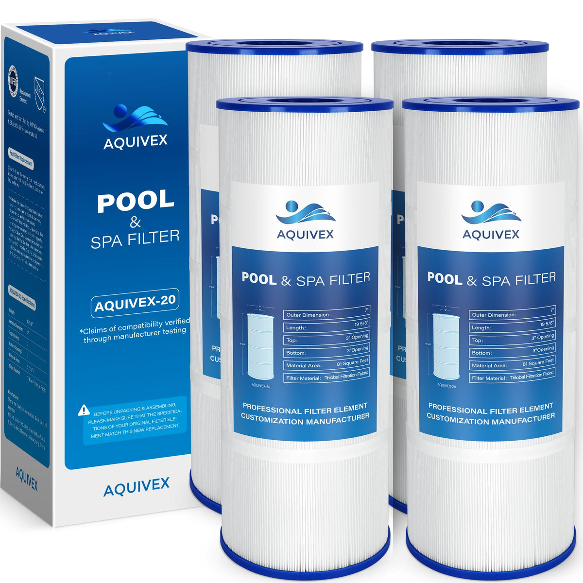 AQUIVEX CX580XRE four-pack packaging ready for pool maintenance and replacement.