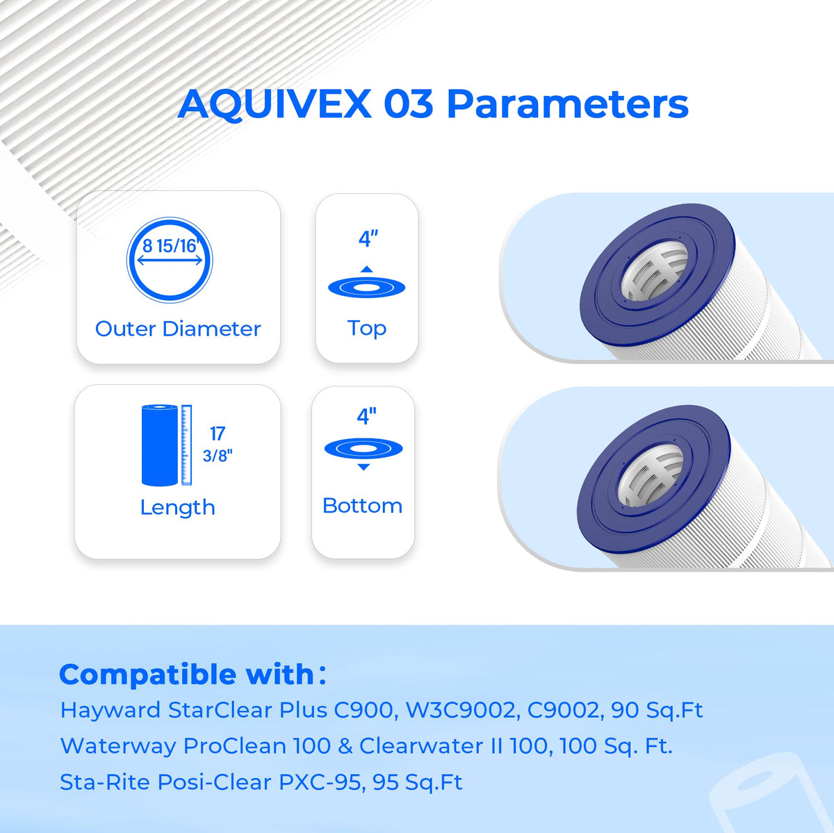 AQUIVEX CX900RE filtration area 90 sq ft for strong debris capture.