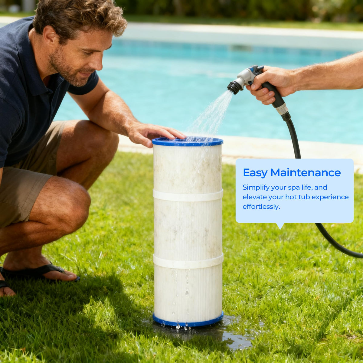 AQUIVEX PLBS75 spa filter cleaning instructions suggest easy rinse and reuse.