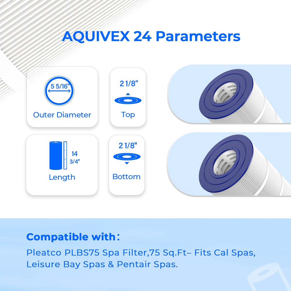 AQUIVEX PLBS75 spa filter media highlights trilobal fibers for high filtration capacity.