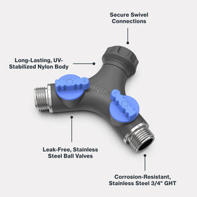 Aquor Y-Splitter body-nylon-stainless offers rugged, UV-resistant housing for outdoors.