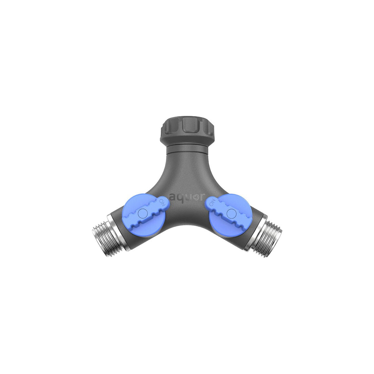 Aquor Garden Hose Y-Splitter with dual valves for independent control on two hoses.