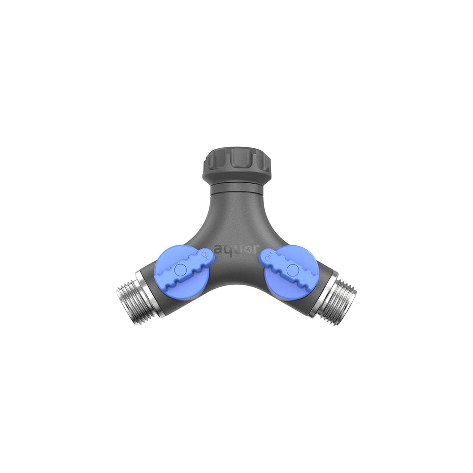 Aquor Garden Hose Y-Splitter with dual valves for independent control on two hoses.