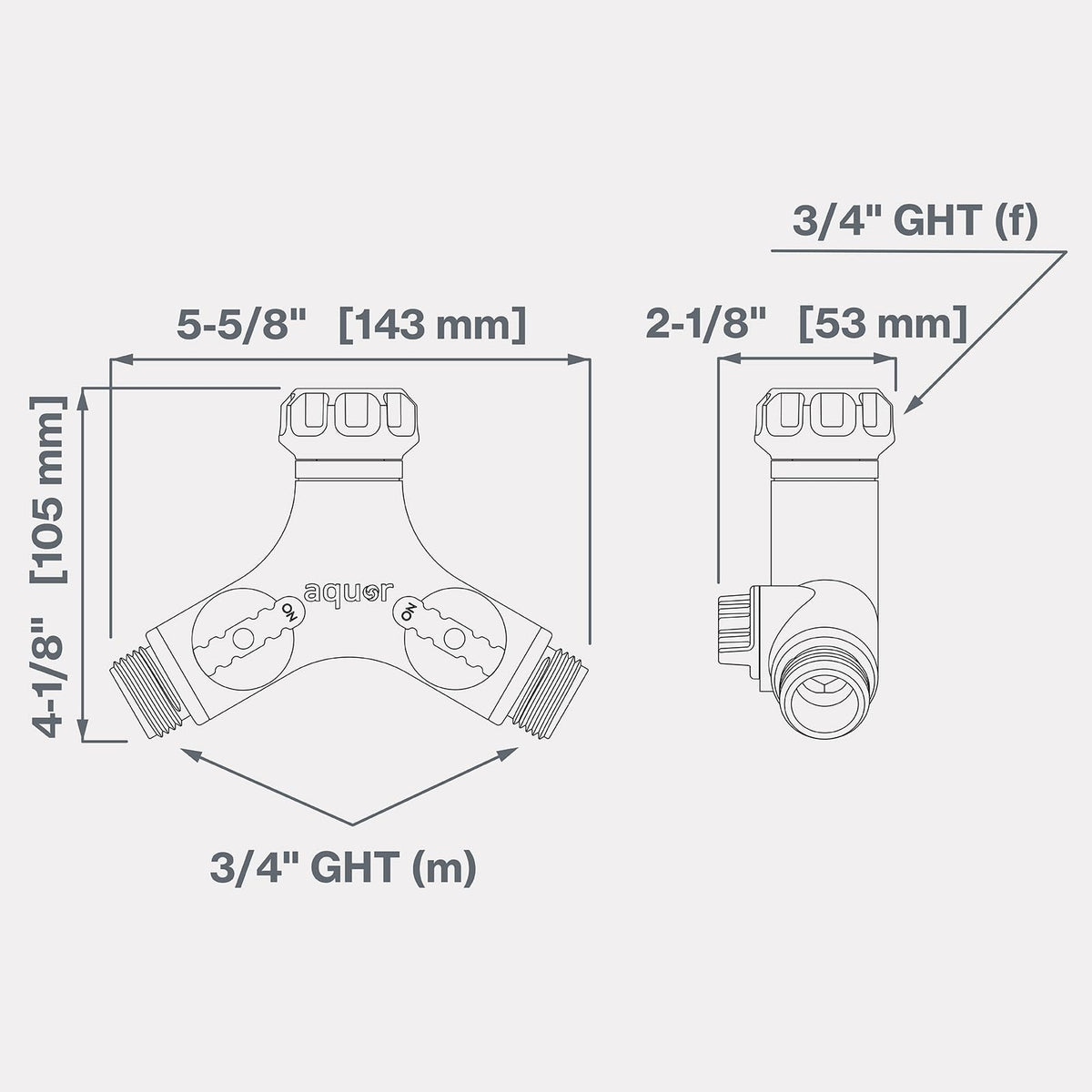 Aquor Y-Splitter fits standard 3/4 inch GHT faucets for easy compatibility.