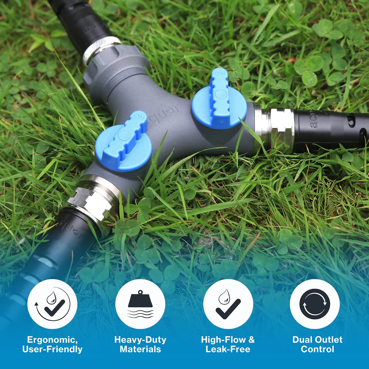 Aquor Garden Hose Y-Splitter outlet-control shows easy on/off with stainless threads.