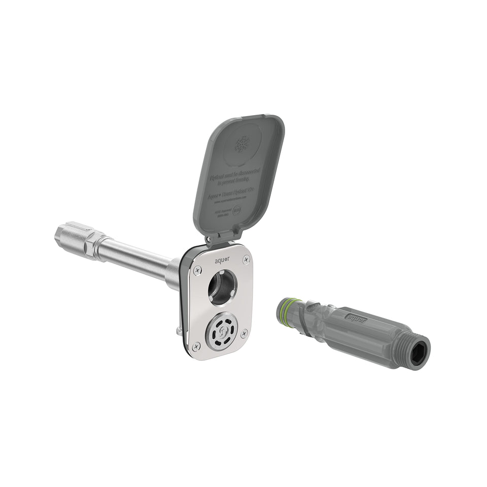 Aquor House Hydrant V2+ frost-proof outdoor faucet shown for year-round reliability.