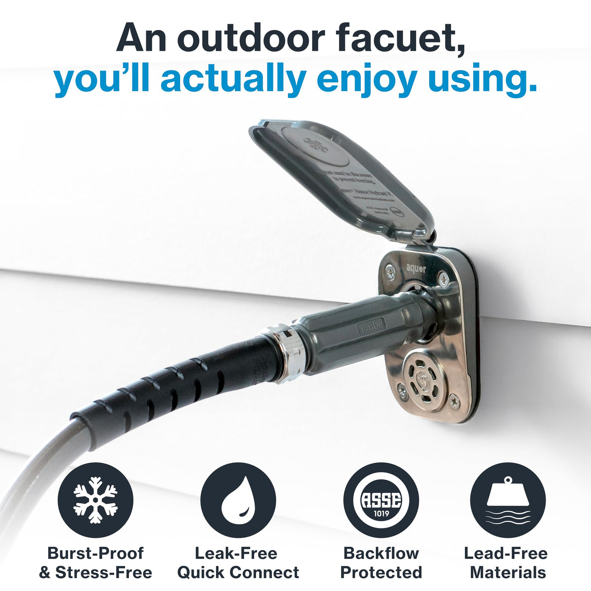 Aquor V2+ frost-proof faucet guards against freezing for outdoor use.
