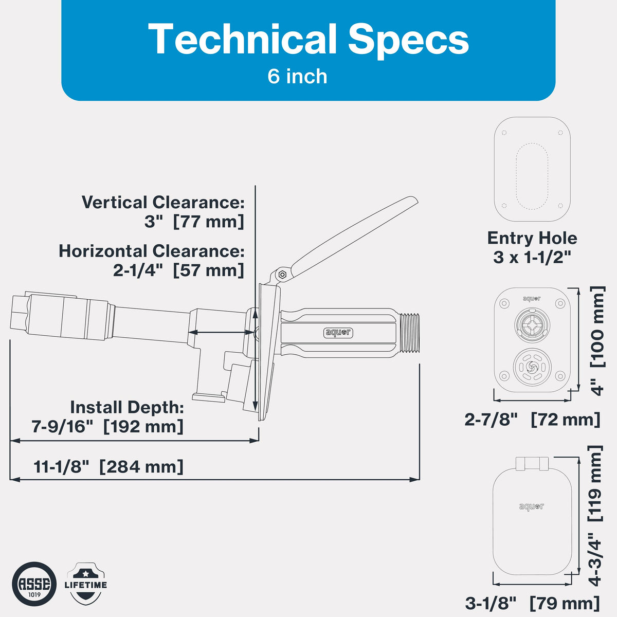 Seven images show install depth and hose reach for Aquor hydrant V2+.