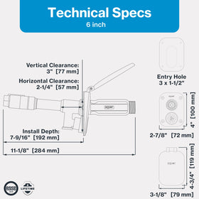 Seven images show install depth and hose reach for Aquor hydrant V2+.
