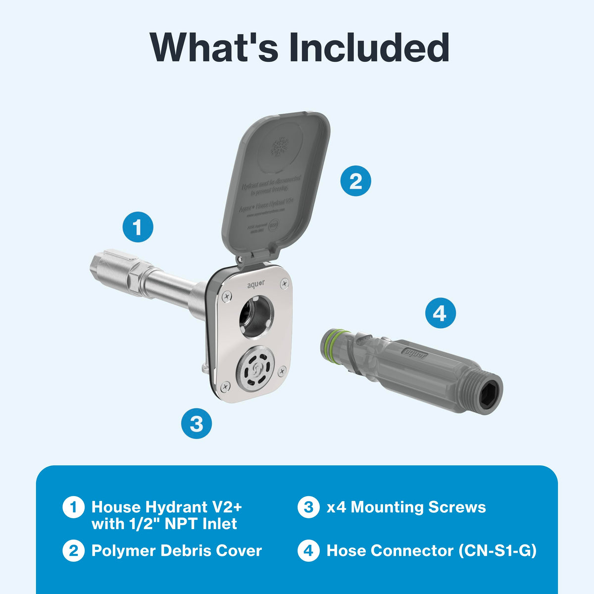Includes hydrant, connector, and mounting screws for quick outdoor setup.