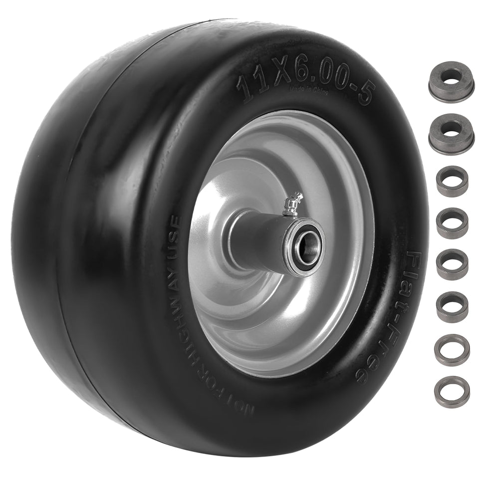 AR-PRO 11x6.00-5 flat-free front tire provides puncture resistance for mowing