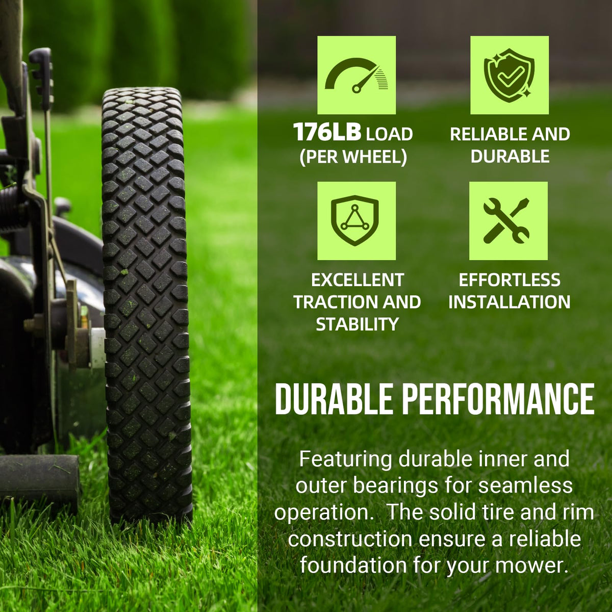 AR-PRO 12in mower wheel hub and bearing close-up for smooth operation.