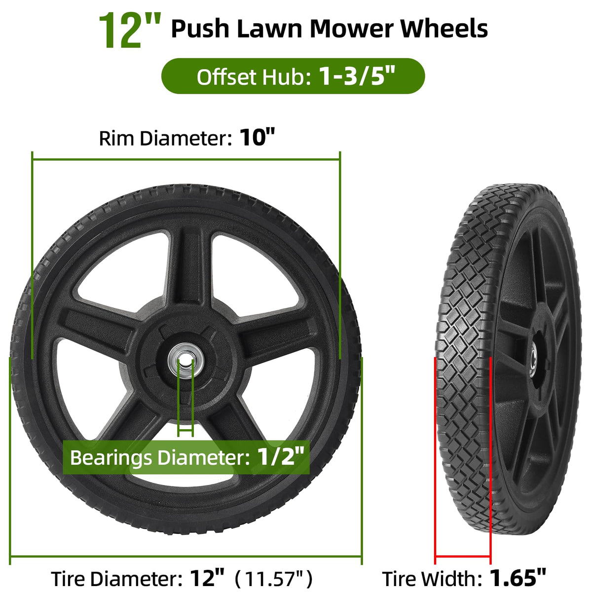 AR-PRO 12in push mower wheel side profile highlighting durable tread.