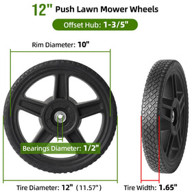 AR-PRO 12in push mower wheel side profile highlighting durable tread.