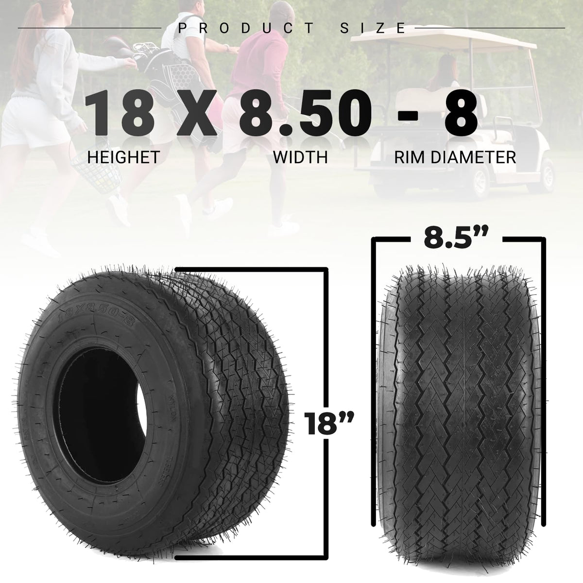 AR-PRO 18x8.50-8 tire tread detail emphasizing turf-friendly grip on grass
