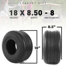 AR-PRO 18x8.50-8 tire tread detail emphasizing turf-friendly grip on grass