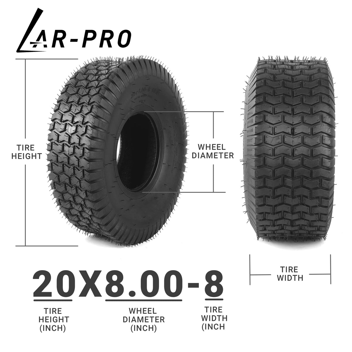 AR-PRO 20x8-8 turf tire tread close-up highlighting chevron grip.
