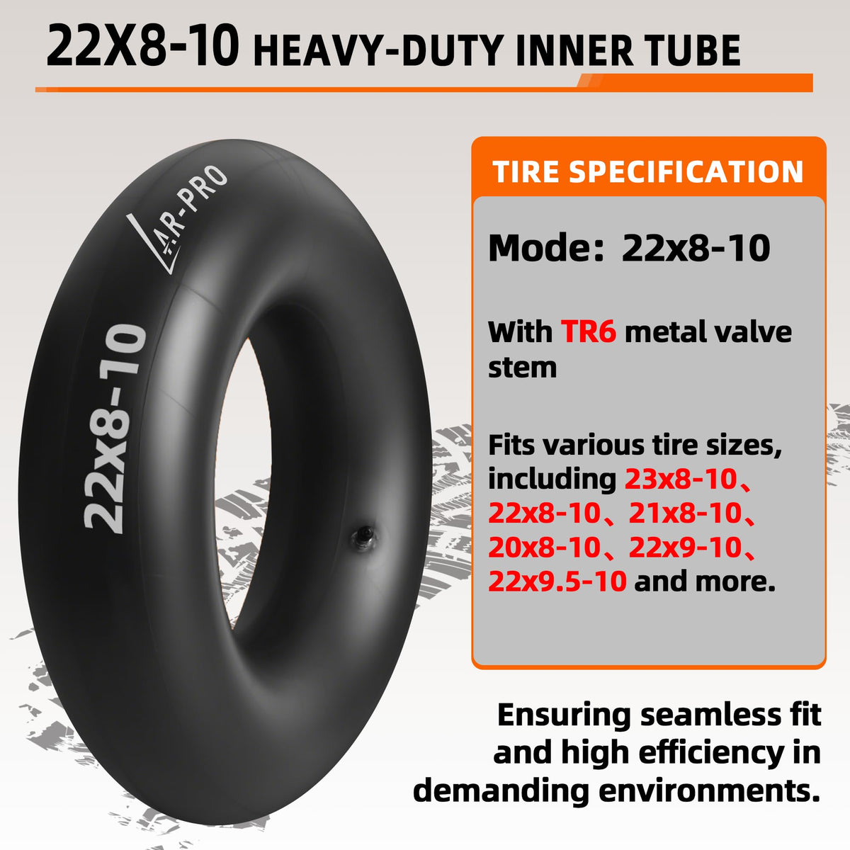 AR-PRO inner tube for 22x9-10 with TR6 stem, side view