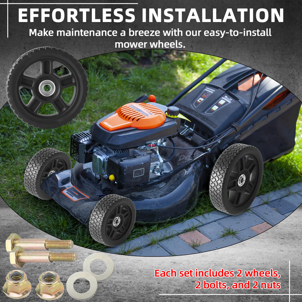 AR-PRO 7-inch mower wheel bolt-on assembly shows quick replacement in minutes.