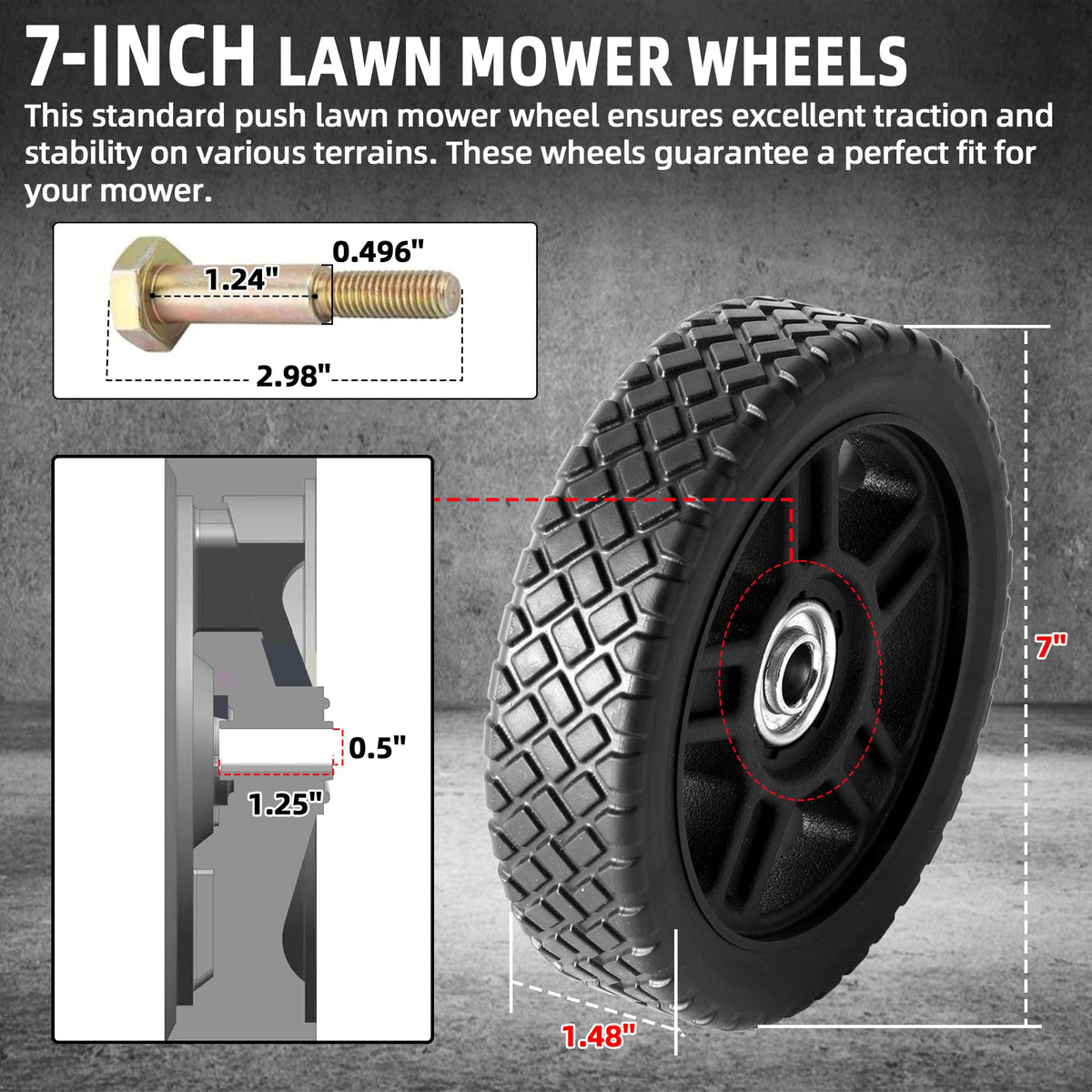 AR-PRO 7-inch lawn mower wheel in use on lawn demonstrates smooth rolling.