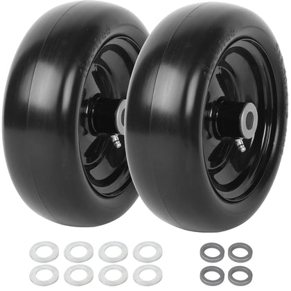 AR-PRO 9x3-50-4 flat-free tire on wheel for lawnmowers improves maneuverability on turf.