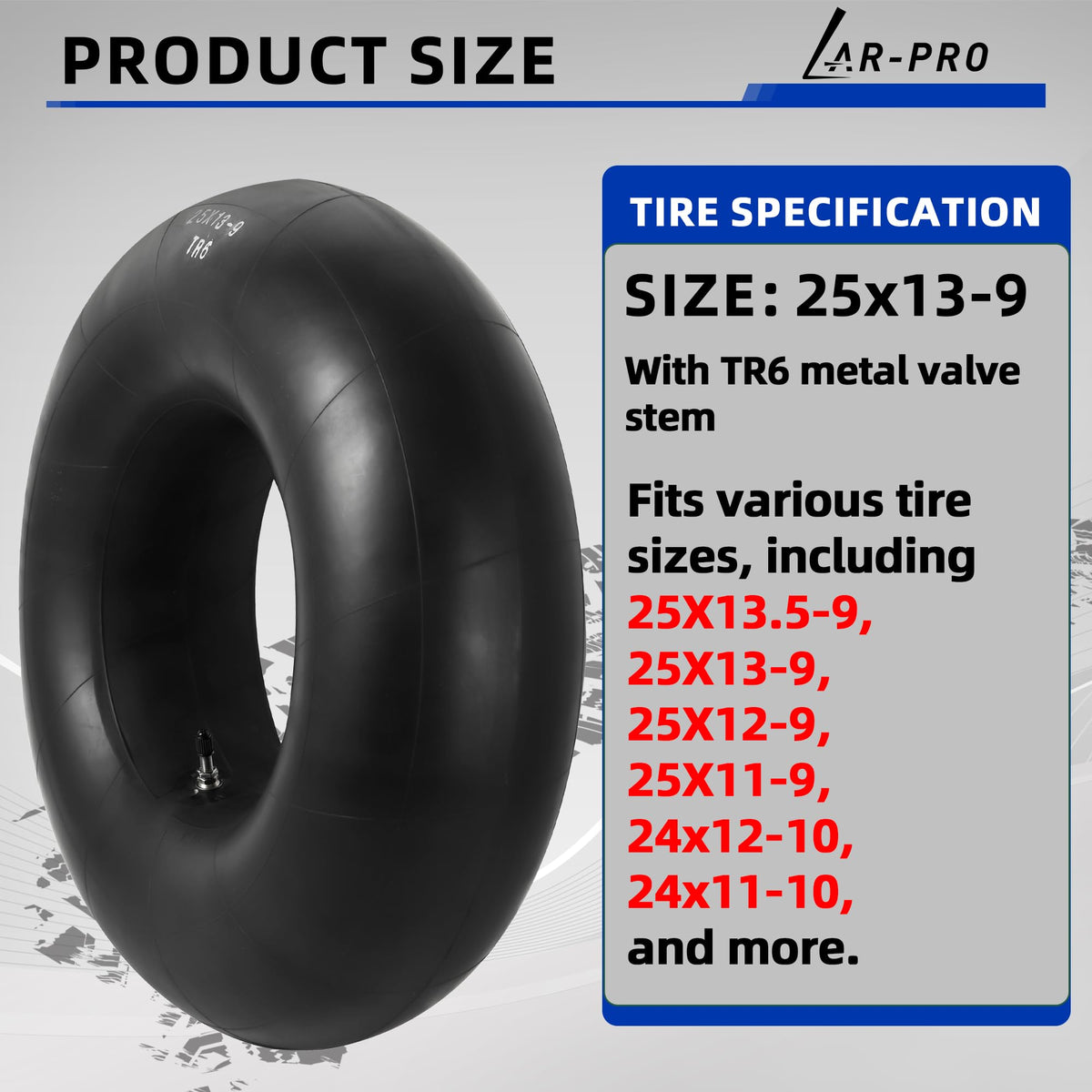 AR-PRO heavy-duty butyl rubber inner tube for rugged terrain.