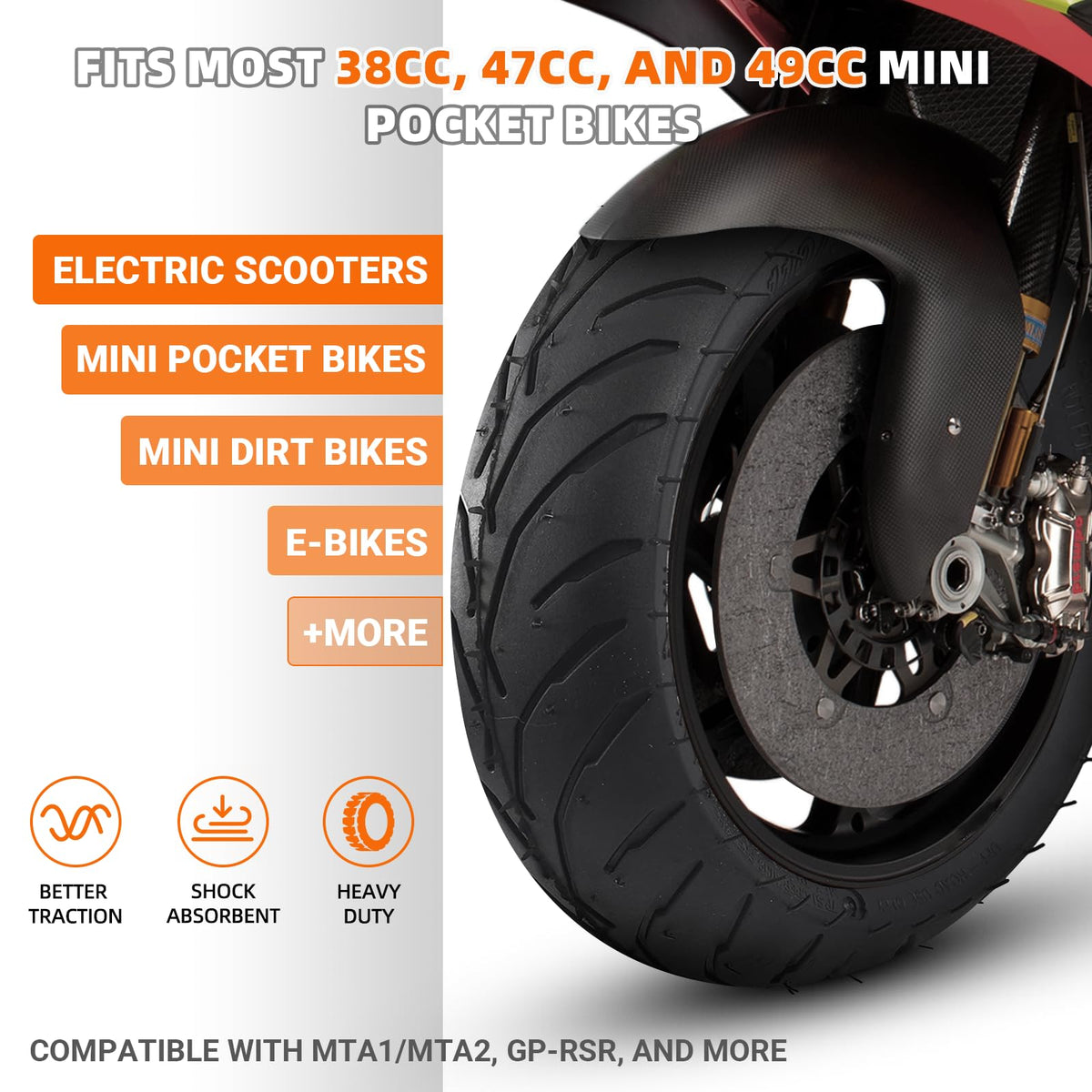 AR-PRO shallow-siped street tread improves wet traction on pocket bikes.