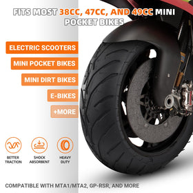 AR-PRO shallow-siped street tread improves wet traction on pocket bikes.