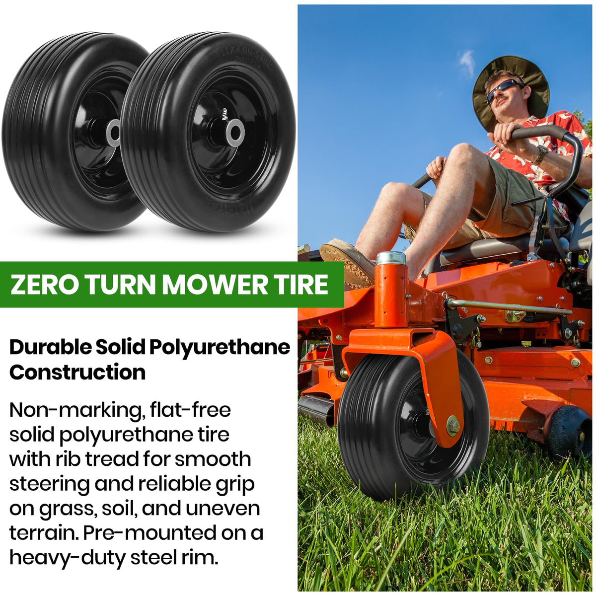 Solid polyurethane tire offers non-marking grip on grass and soil