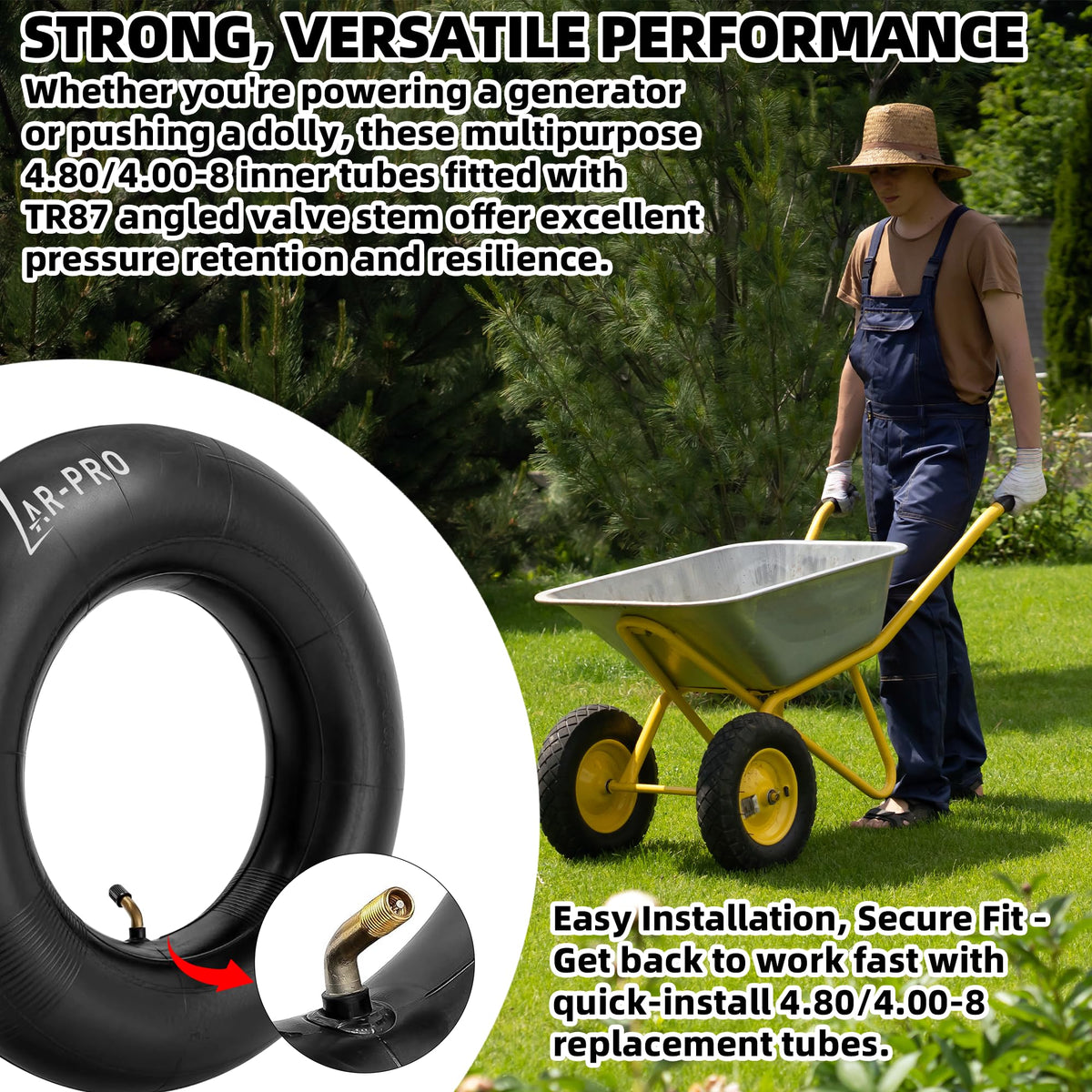 AR-PRO inner tube providing stable ride on carts and wagons over rough surfaces.