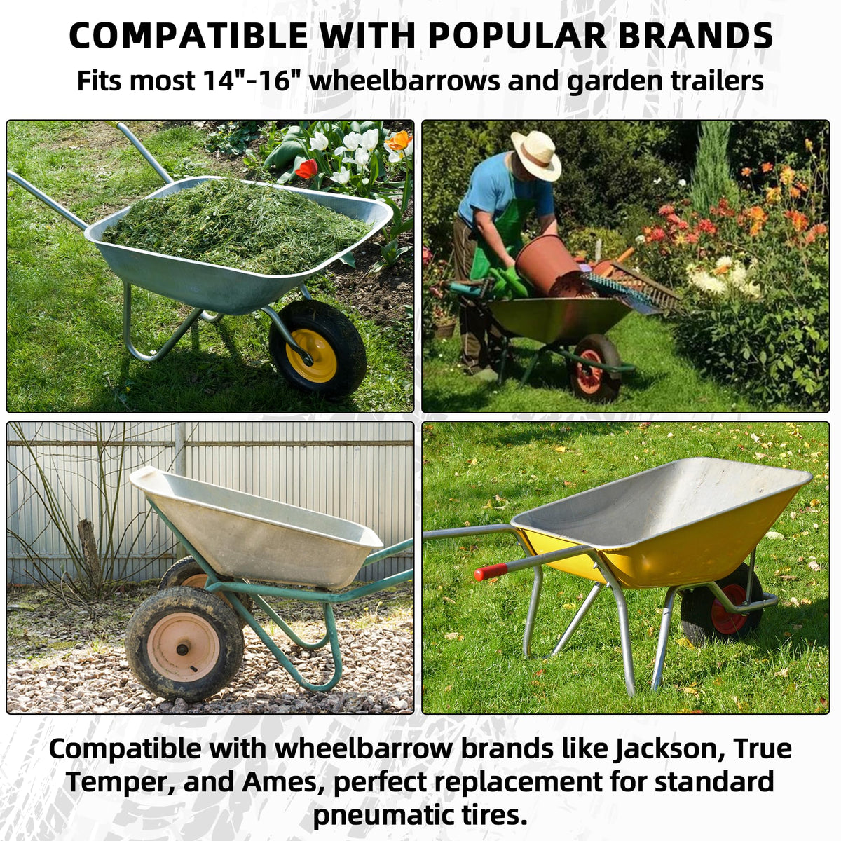 AR-PRO 16-inch wheel simplifies garden trailer setup and maintenance.