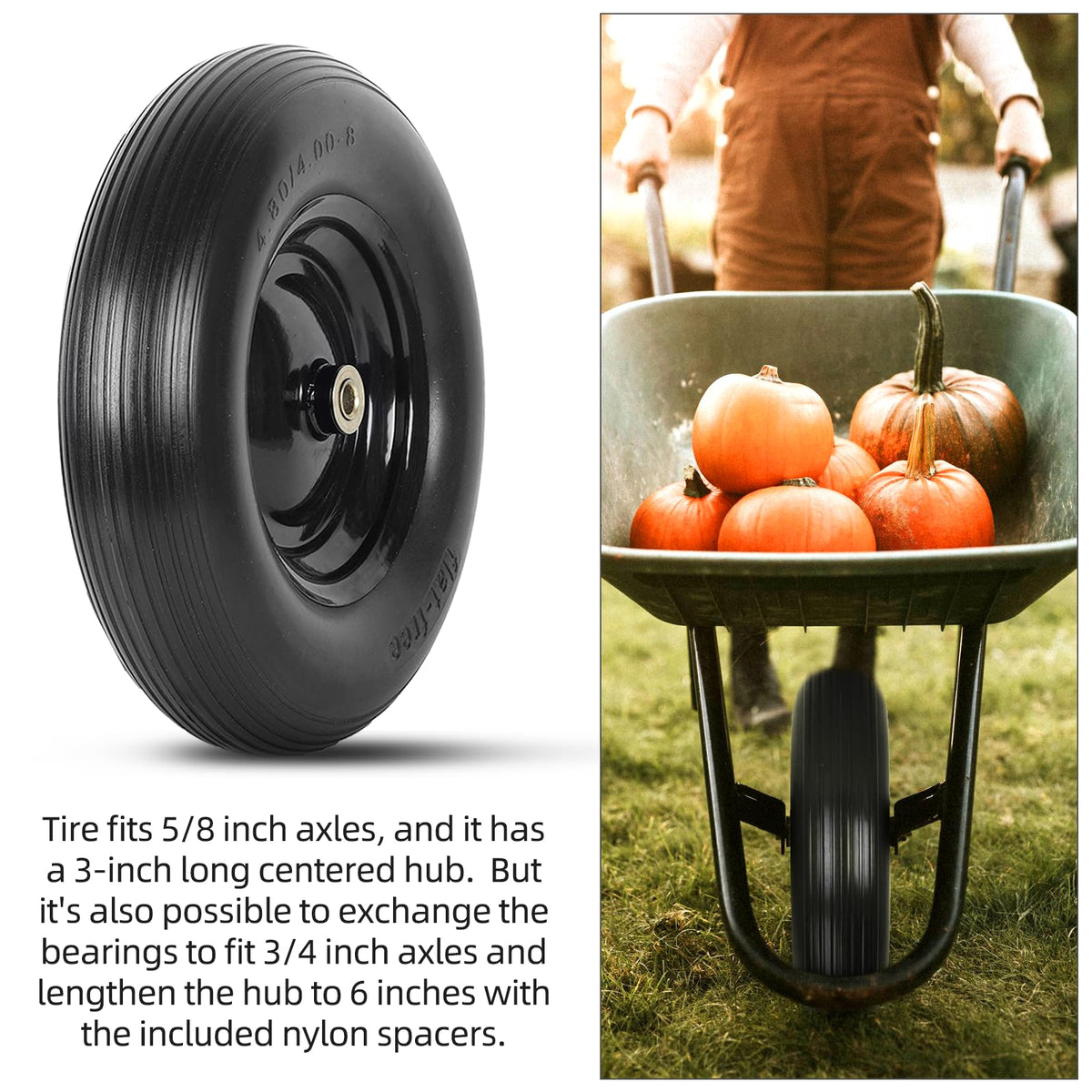AR-PRO wheelbarrow tire assembly shown for smooth maneuverability.