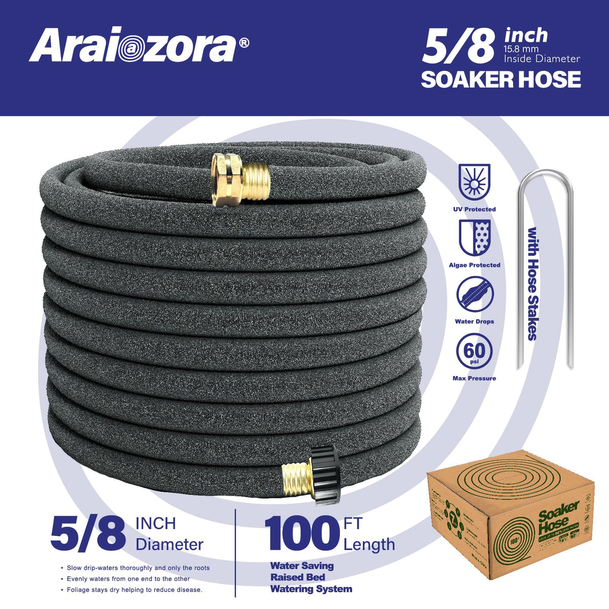 Close-up of flexible Araiozora hose bending around plants for adaptable irrigation